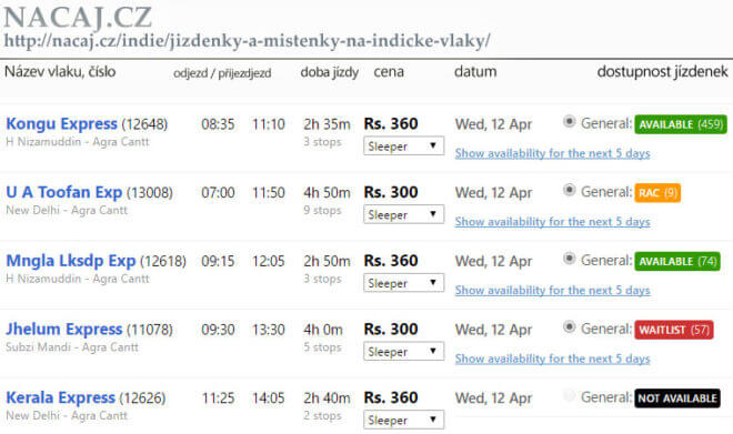 Rezervace jízdenky na Indický vlak